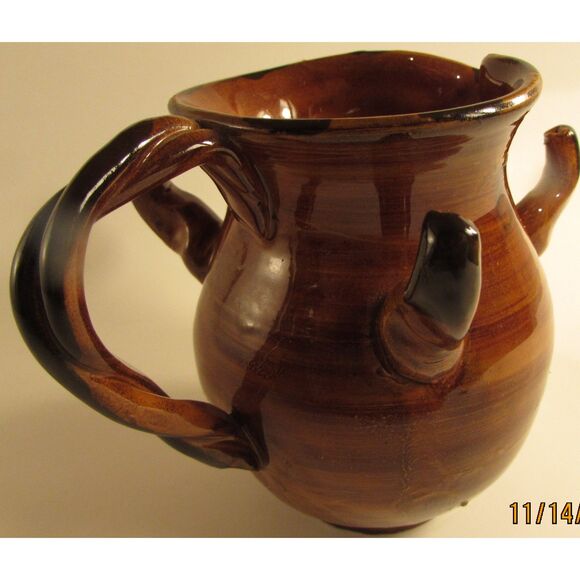 Studio Pottery Creamer brown glazed with flowers artist signed braided handle - Picture 4 of 9